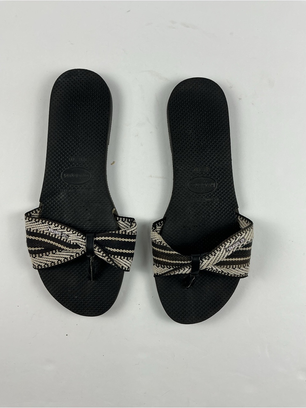 Havaianas Black Slide Sandals with Black & Cream Striped Bow